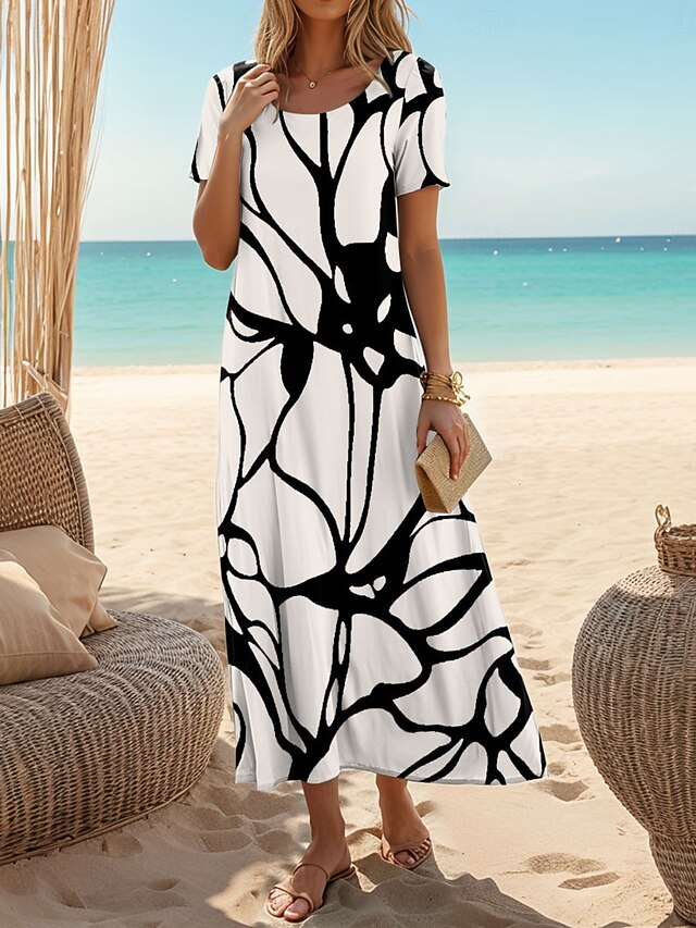 Women's Maxi Dress Casual Dress Casual Daily Loose Fit Floral Color Block Short Sleeve Crew Neck Black Summer4