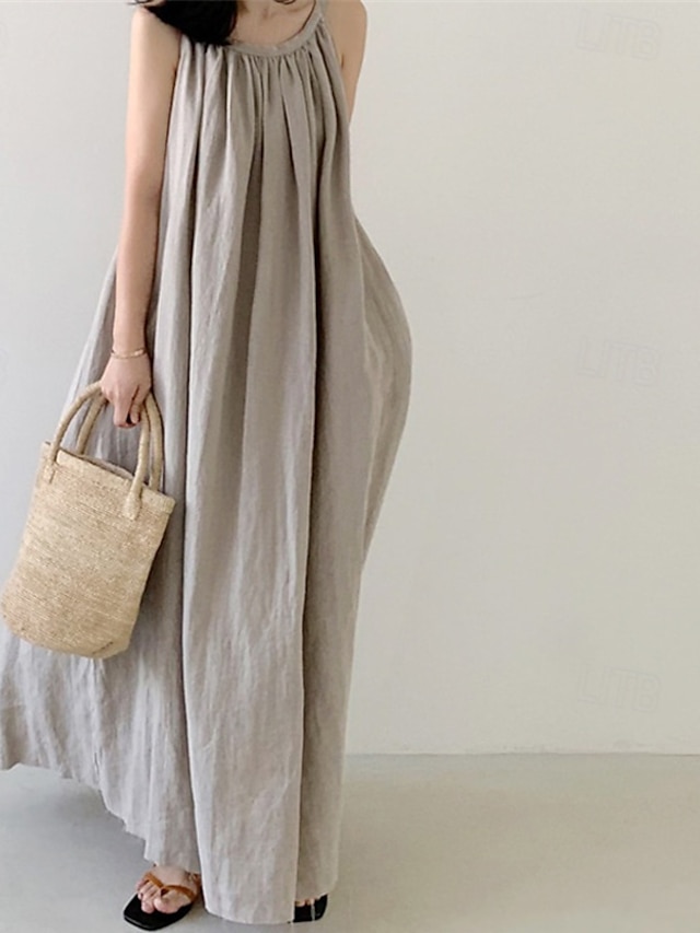  Women's Long Dress Maxi Dress Linen-Inspired Dresses Casual Dress Cotton Linen Dress Slip Dress Stylish Casual Vacation Daily Date Regular Fit Plain Sleeveless Crew Neck Black Navy Blue Gray Summer