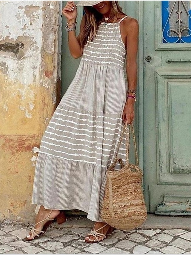  dame strandkjole strandkjole lang kjole maxi kjole patchwork print elegant tropisk stripe spaghetti stropp ermeløs løs passform utendørs ferie ask 2023 sommer vår s m l xl