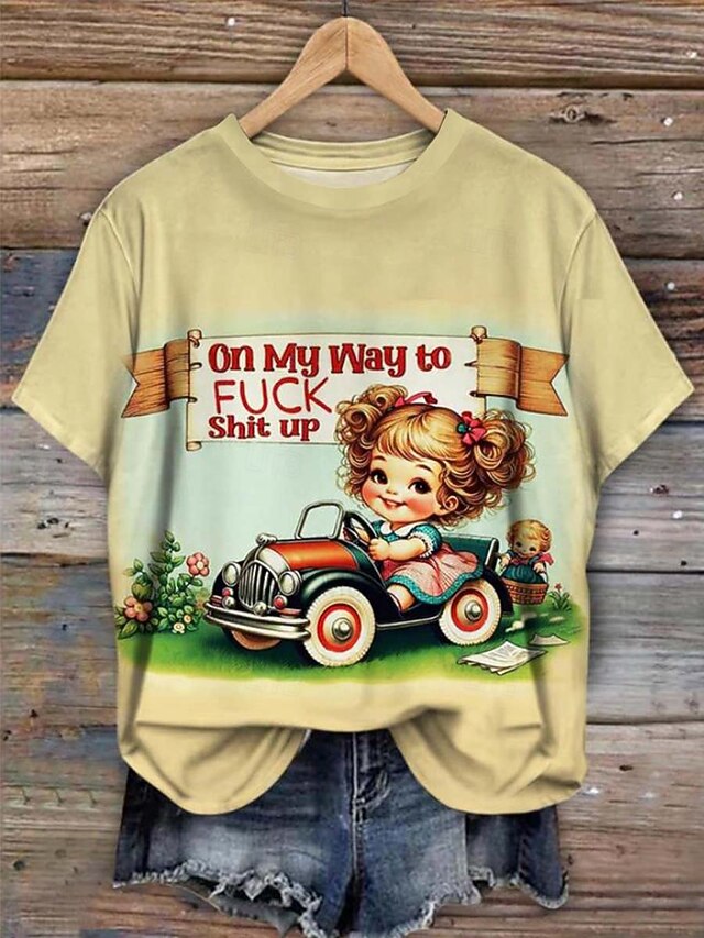 Women's T Shirt Vintage Casual Short Sleeve Round Neck Regular Tops Daily Print Yellow Summer4