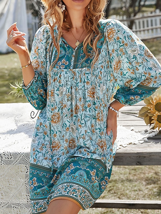  Dames Mini-jurk Casual jurk Boho chique jurken A lijn jurk Boho-jurk Bohemen leuke Style Stijlvol Vakantie Dagelijks Strand Ruim Passend Grafisch Halve mouw V-hals Blozend Roze Groen Zomer Lente
