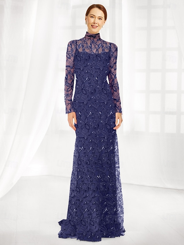  Sukienka Kaskadowa Kolumnowa Sukienka Matki Panny Młodej Elegancka Prosta Minimalistyczna Sukienka z Mock Neck Długość do Podłogi Tiul Rękaw Długi z Koronkową Aplikacją Kwiatową