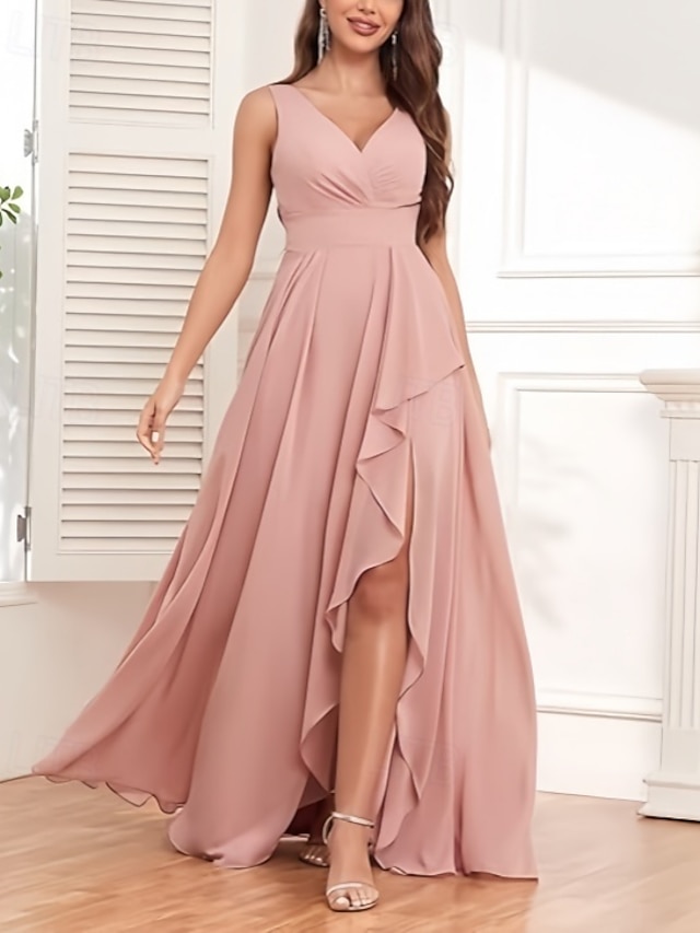  Robe en A Robe de demoiselle d'honneur Col en V Sans manches Élégante Longueur de sol Chiffon avec volants  fente avant  fronces