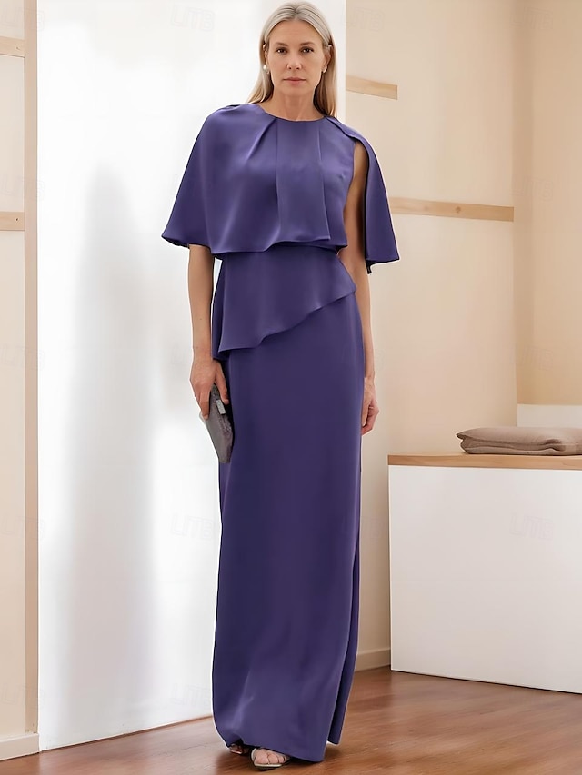  Kleid Mutter der Braut Kleid Hochzeitsgast Kirche Elegant Einfach Minimalistisch Rundhals Bodenlänge Krepp Halblange Ärmel mit Stufen Cascading Rüschen Uni-Farbe 2025