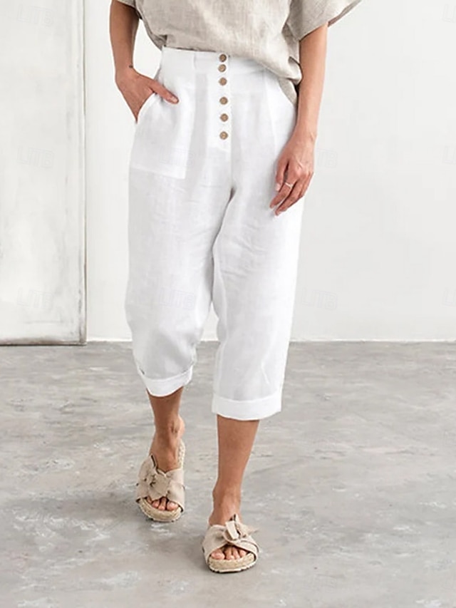  Women's Cotton Linen Pants Chinos Fashion Streetwear Calf-Length High Waist Plain Pocket Elastic Waistband Comfy Soft Comfortable Micro-elastic Outdoor Street Navy-blue White Summer Spring Regular Fit