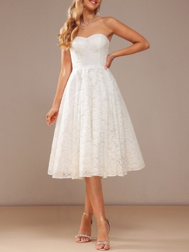 Engagement Little Graduation White Dresses Wedding Dresses A-Line Tea Length Satin Bridal Gowns