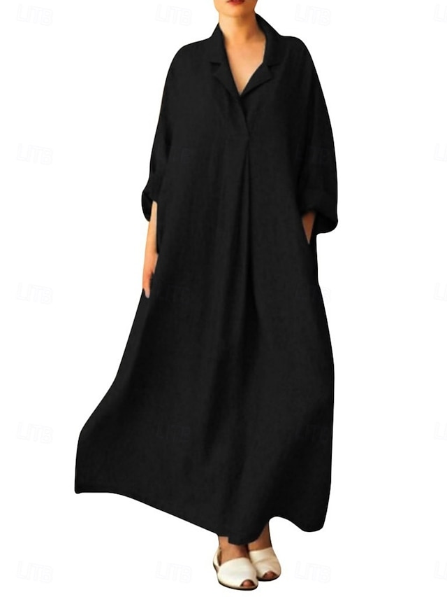  Per donna Abito maxi Abiti in cotone e lino Abito Camicia Vestito Casual Essenziale Casual Vacanza Quotidiano Vestibilità regolare Semplice Manica 3/4 Colletto a Camicia Nero Rosa Estate