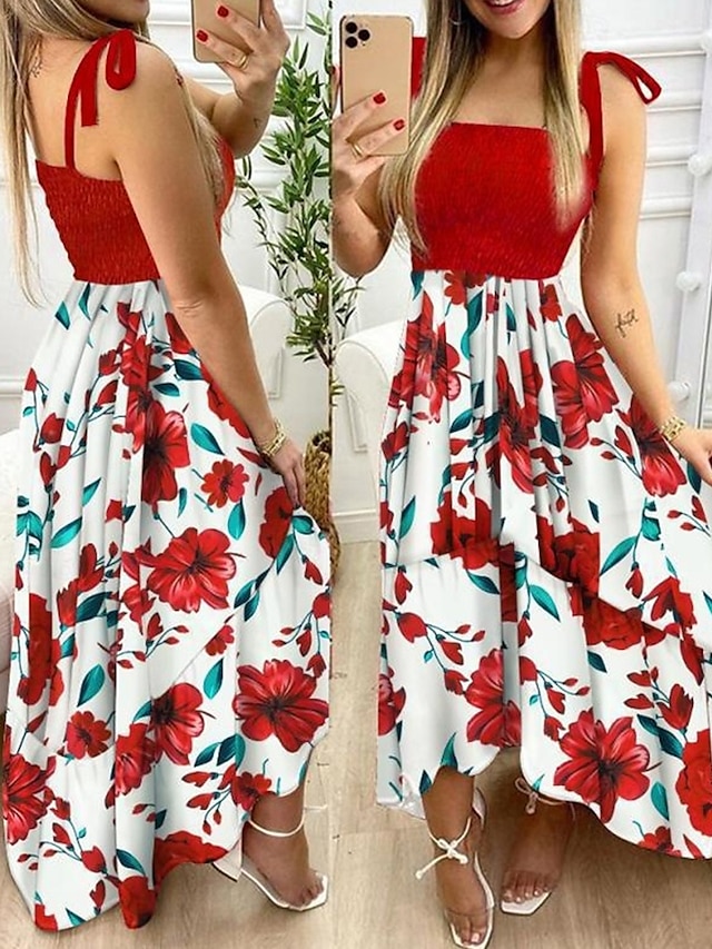  Femme robe longue Robe Trapèze Robe à fleurs Robe d'été Robe caraco Elégant mode Vacances du quotidien Rendez-vous Standard Floral Sans Manches Col Carré Jaune Rose Claire Rouge Bleu de minuit Eté