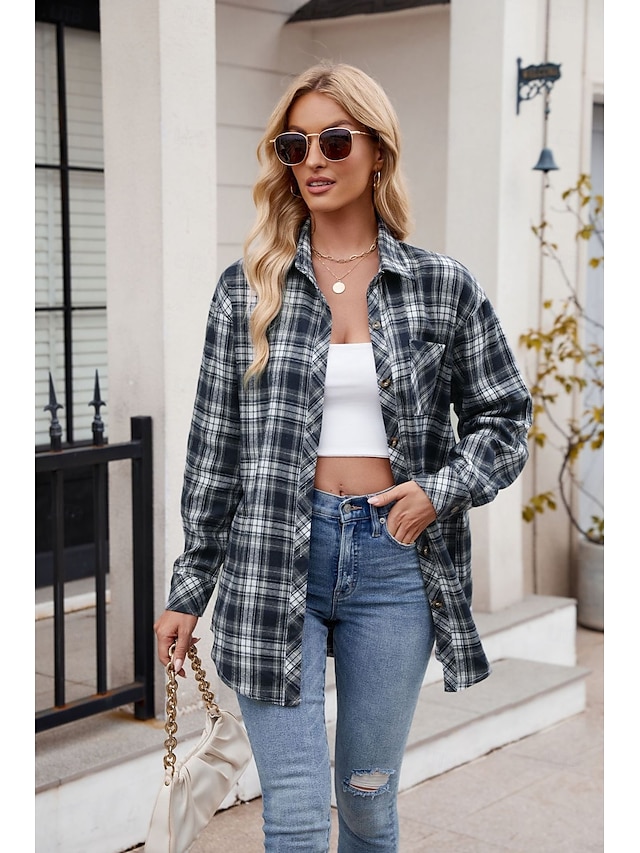  Women's Shirt Boho Shirt Dressy Tops Plaid Casual Boho Long Sleeve Bishop Sleeve V Neck Long Tops Work Daily Going out Pink Dusty Blue Purple Khaki Dark Gray Spring Fall