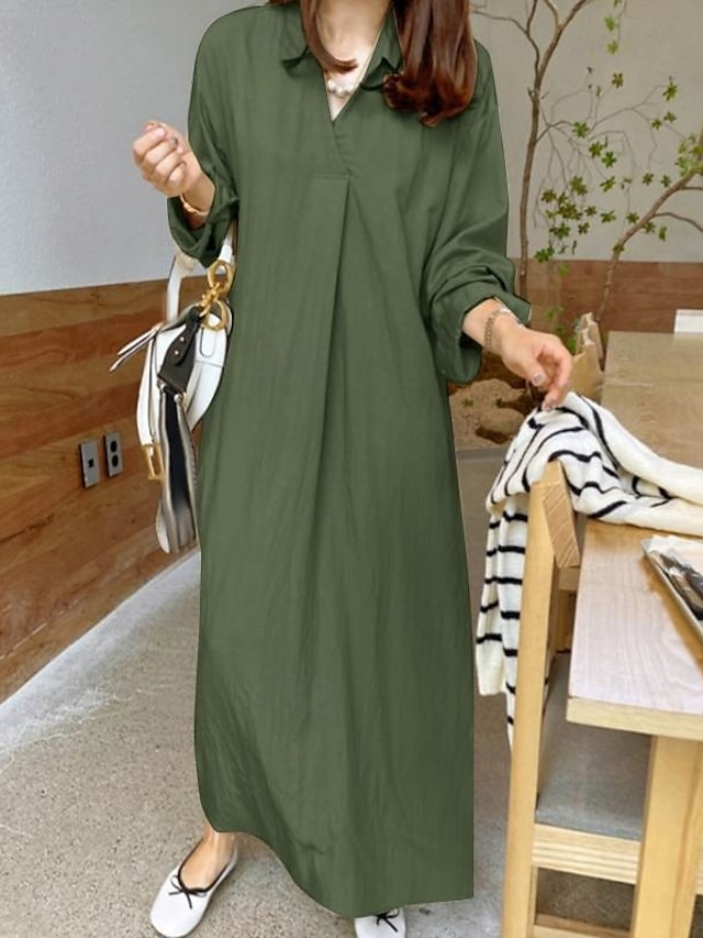  Per donna Abito Lungo Maxi Abito Abiti ispirati al lino Vestito Casual Elegante Casual Vacanza Quotidiano Data Vestibilità regolare Semplice Manica Lunga Bavero Nero Vino Cachi Verde militare Estate