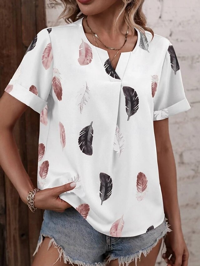  Women's Shirt Blouse Feather Stylish Casual Short Sleeve Notched Neck Regular Tops Daily Print White Pink Summer Spring