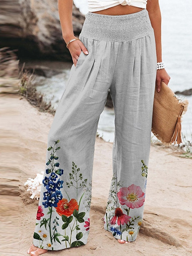  Dam Trosor Kinesiska Semester Vintage Mode Fullängd Hög midja Blommig Ficka Elastiskt midjeband Bekväm Mjuk Microelastisk Utomhus Semester Magenta Rödhakeägg blå Rodnande Rosa Grön Sommar Vår Normal