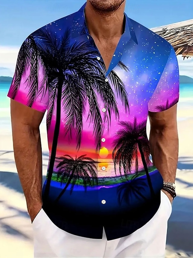 Homme Cocotier Ciel étoilé Chemise hawaïenne Chemise boutonnée Chemise Aloha Manche Courte Hawaïen Station balnéaire Vacances Tenues de plage Eté Printemps Col rabattu chemises à col Bleu de minuit