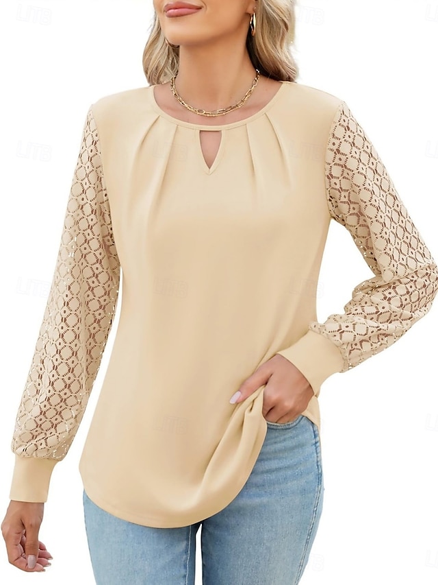 Per donna maglietta Liscio Di tendenza Moderno Informale Manica lunga Girocollo Top regolari Giornaliero Fine settimana Pizzo Collage Nero Beige Estate Primavera