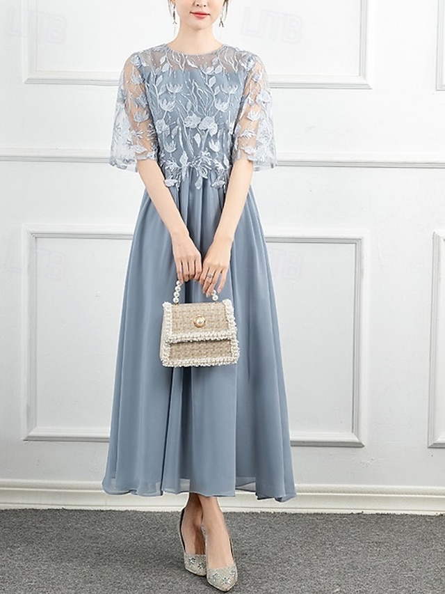  Rochie tip A-Line Rochie Mamă a Miresei Rochie Formală Elegantă Culoare Strălucitoare  Strălucire Cu Guler Tip Bijuterie Lungime Până la Glezne Chiffon Mânecă Lungă cu Broderie din Dantelă Culoare