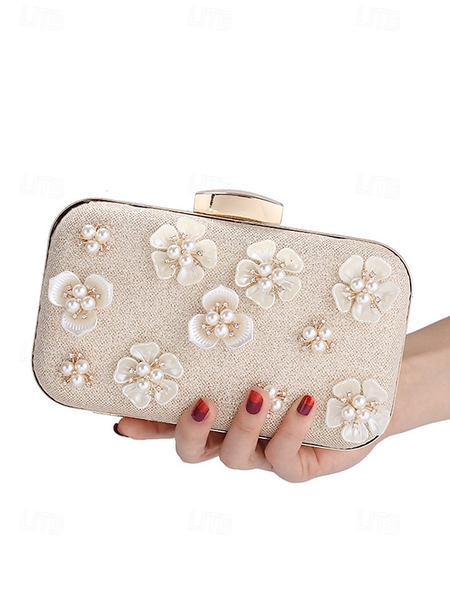  Women's 3D Floral Clutch with Pearl Accents and Gold Chain – Stylish Evening Bag for Weddings, Parties and Formal Occasions Silver Black Gold