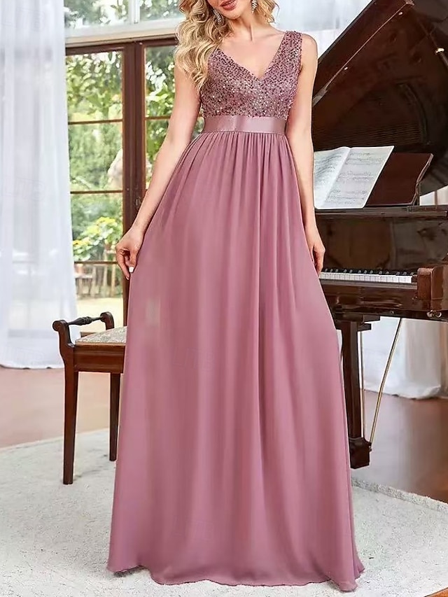  A-Line Bridesmaid Dress V Neck Sleeveless Pink Floor Length Chiffon / Spandex / Shantung with Sash / Ribbon / Sequin / Draping 2022