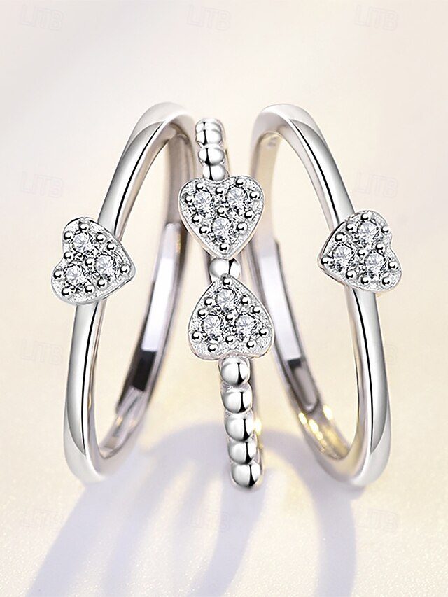  kvinners sølv stabelbare hjerteringer – elegant krystallutsmykket design for forlovelse, jubileum eller hverdagsbruk