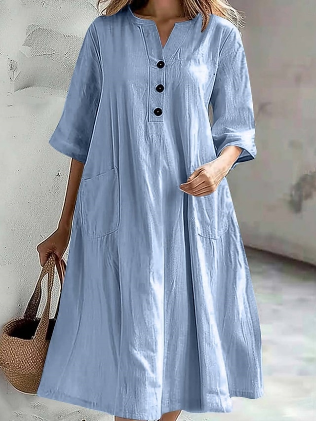  Women's Midi Dress Cotton Linen Dresses Basic Casual Vacation Daily Regular Fit Plain 3/4 Length Sleeve Notched Neck Black Red Purple Light Blue Summer