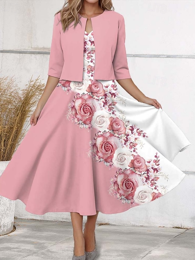  Kvinnors Midi Klänning Casual Klänning Chiffon Klänning Swing Klänning Elegant Blommig Midi Klänning Halv Ärmar V-ringad Tryck Regular Fit Dejtdatum Rosa Vår