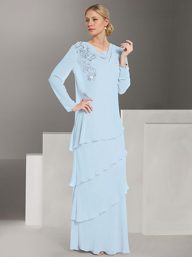  Jackenkleid Brautmutter Langarm mit Spitzen-Rüschen Chiffon Elegant Vintage Rundhals Bodenlang Kleid Cascading Rüschen
