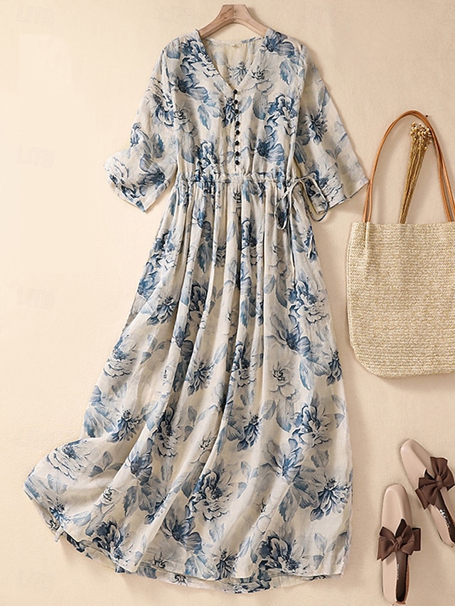  Damen Maxikleid Baumwoll-Leinen-Kleider Freizeitkleid Schwingkleid Maxikleid aus Baumwolle Basic Lässig Urlaub Täglich Normale Passform Blumen Kurzarm V Ausschnitt Khaki Sommer