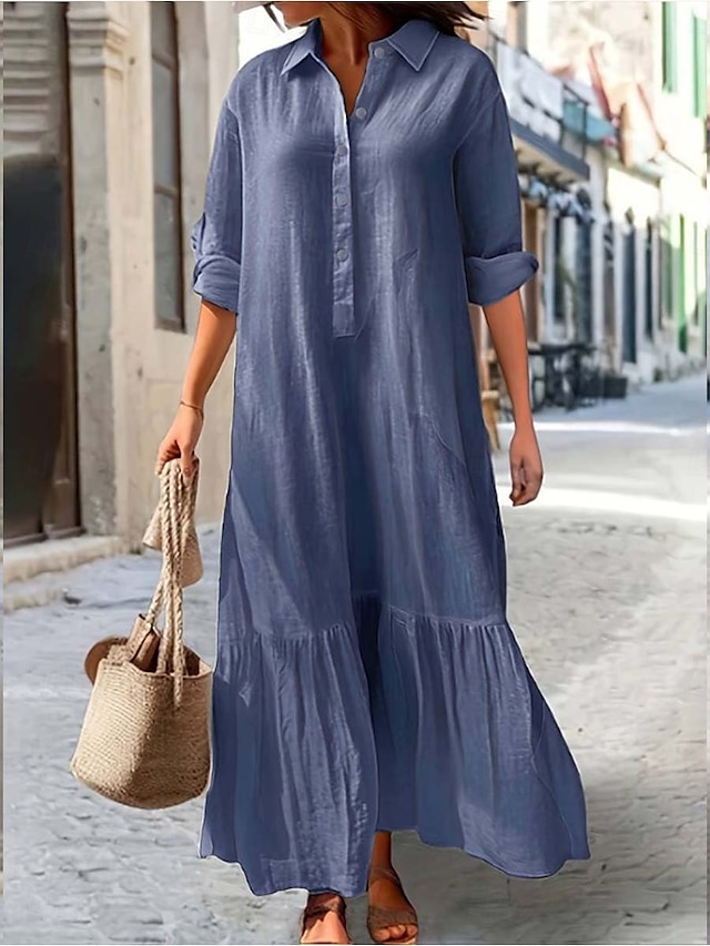  Damen Langes Kleid Maxikleid Leinen-inspirierte Kleider Hawaiianisch Normale Passform Einfarbig Langarm Hemdkragen Fügen Sie Königsblau hinzu Kaki Sommer Frühling