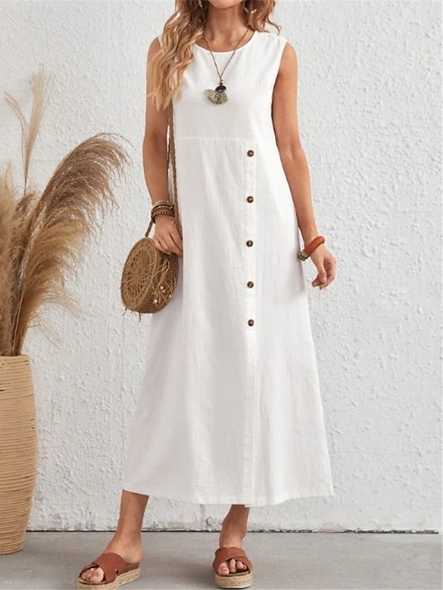  Mujer Vestido maxi Vestidos de lino y algodón Básico Casual Vacaciones Diario Ajuste regular Plano Sin Mangas Cuello Barco Blanco Verano
