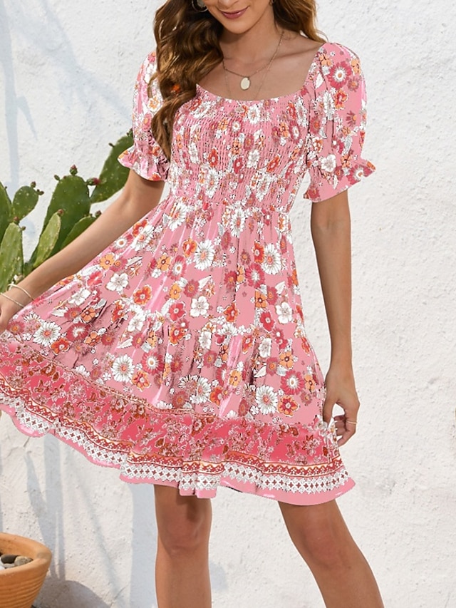  Damskie Sukienka mini Codzienne sukienki Letnie sukienki Sukienka Boho Elegancja Elegancki Latarnia rękawem Urlop Codzienny Randka Regularny Kwiaty Krótki rękaw Kwadratowy dekolt Czarny Rumiany r