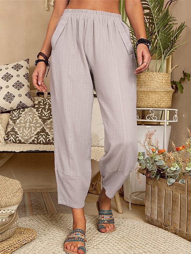  Women's Cotton Linen Pants Pants Trousers Lightweight Casual Ankle-Length High Rise Plain Pocket Breathability Comfortable Inelastic Casual Daily Weekend Wine Navy Black White Summer Spring Regular