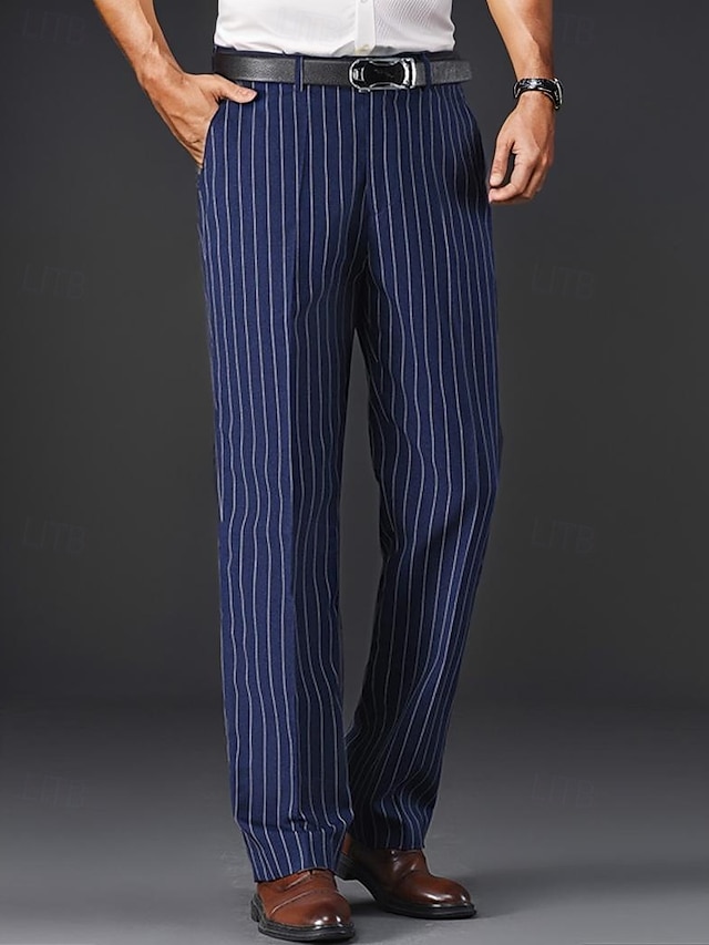  Homens Social Calças Calças de Terno Bolsos Listas Perna reta Tecido Respirável Resistente a rugas Comprimento total Formal Casamento Festa Moda Estilo Clássico Preto Branco