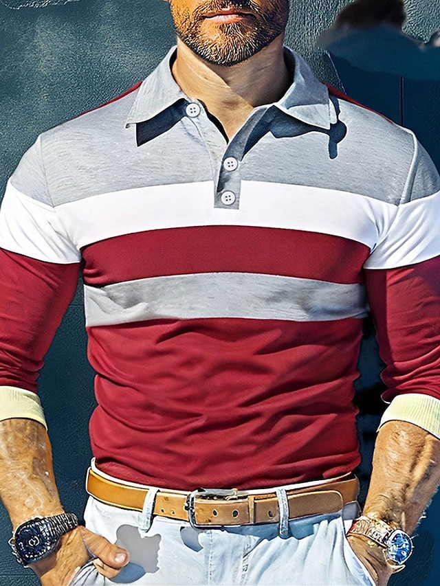  Herren Farbblock Rugby-Poloshirts Langarm Polo-Shirts Revers 3D-Druck Modern Bequem Arbeit Lässig Sport Ferien Patchwork Knöpfe Frühling & Herbst Gelb Rote Marineblau