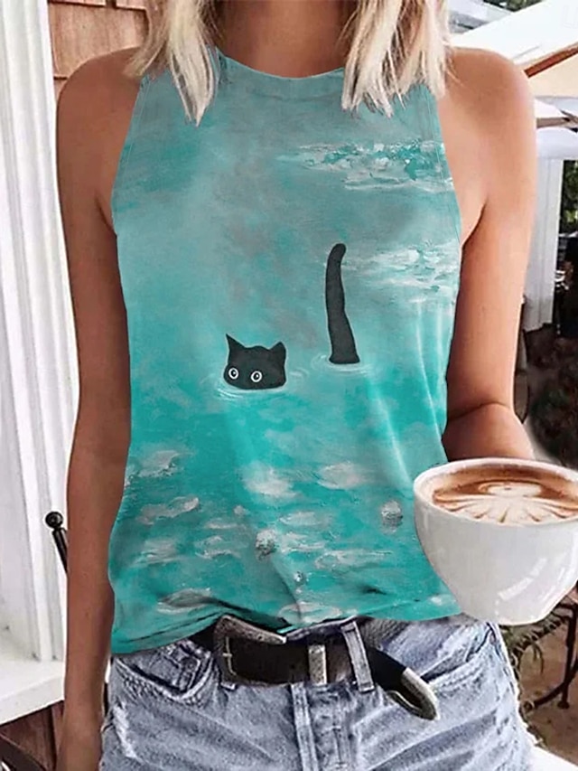 T-shirt Imprimé * Avec Chat Et Bubble Tea Pour Fille, Haut à Manches Courtes à Col Rond Extensible Et Confortable, Tee-shirt Décontracté D'été