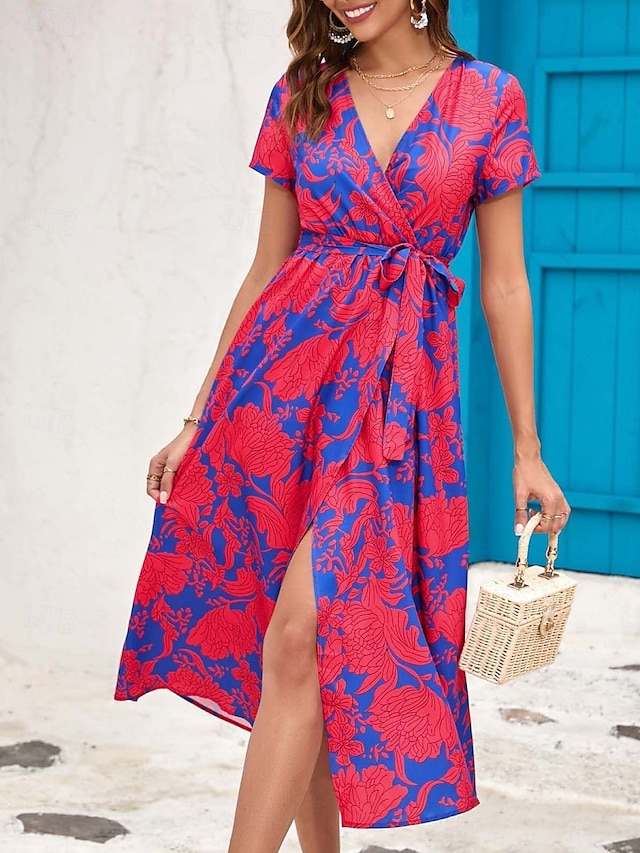  Femme Robe Maxi Robe casual Robe Portefeuille Robe Trapèze mode Décontractées Vacances du quotidien Standard Floral Manche Courte Col V Rose Claire Rouge Eté