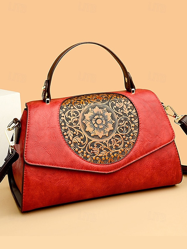  vintage virágos gravírozott műbőr kézitáska – női retro crossbody táska felső fogantyúval alkalmi és hivatalos alkalmakra bor fekete fehér