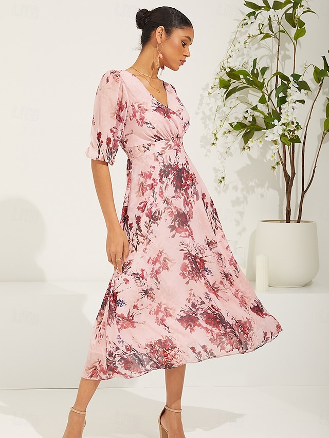  Femme Robe mi-longue Robe de Mousseline Elégant mode Manche Gigot Mariage robe demoiselle d honneur du quotidien Standard Floral Demi Manches Col V Rose Claire Eté Printemps Automne