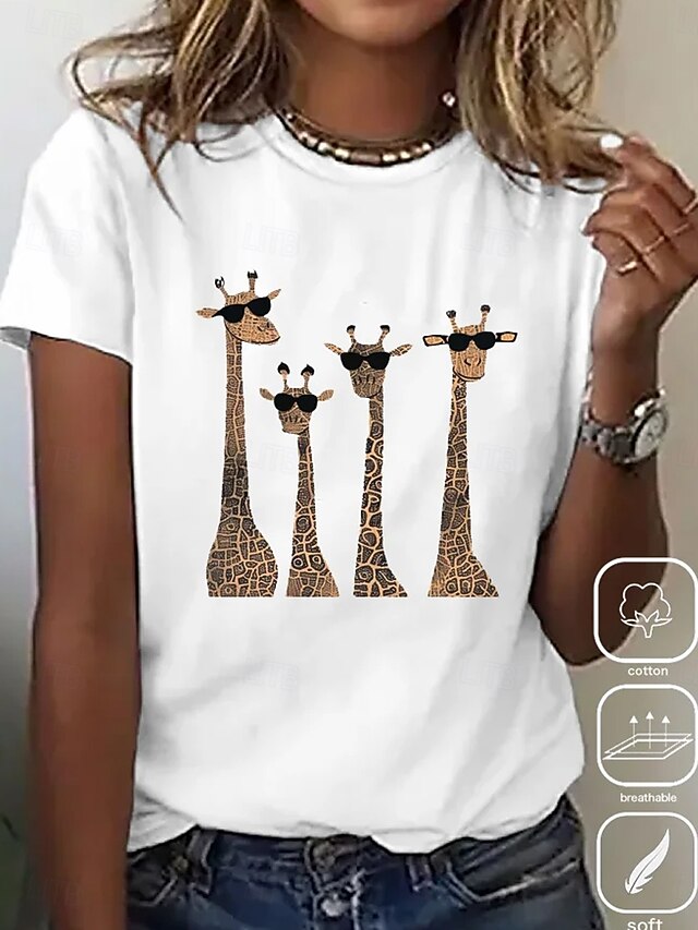 Women's T Shirt Cotton Shirt Animal Letter Casual Short Sleeve Round Neck Regular Tops Daily Print White Summer4