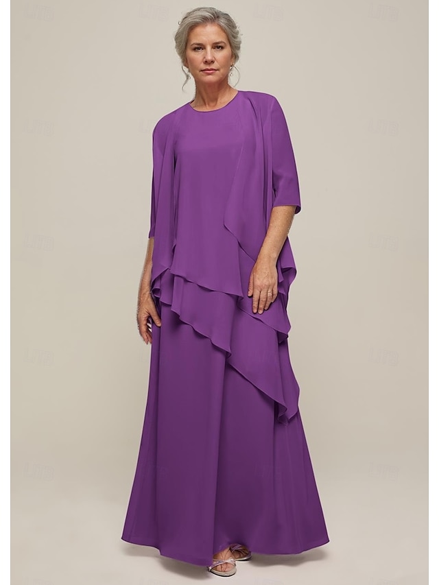  Abito Set Abiti Madre della Sposa Abito Elegante Vintage Collo Girocollo Lunghezza Pavimento Chiffon Maniche Lunghe Giacca Abiti con Volant Cascading in Pizzo 2025