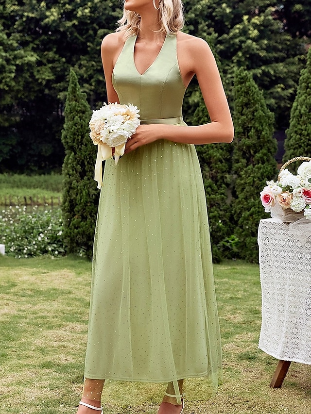 Trapèze Robe de Demoiselle d'Honneur  Col V Sans Manches Elégant Longueur Sol Nylon avec Avant Fendu 2022