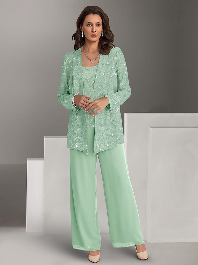 Pantalon Formelle Mère de la Mariée Mariage Plage 3 Pièces Élégante Col Bijou Chiffon Manches Longues Enveloppé Inclus Broderie en Dentelle Couleur Solide