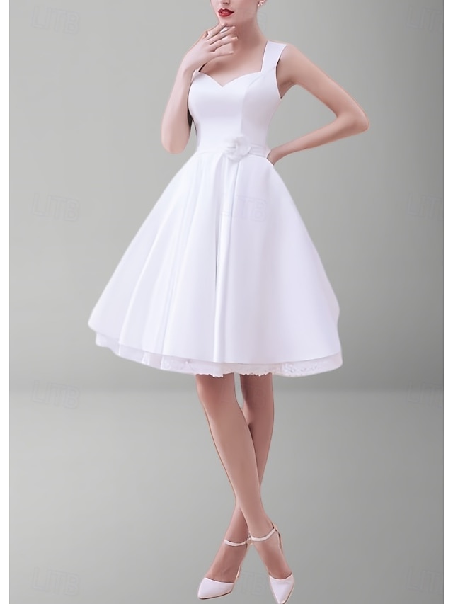  Robe Blanche de Petite Remise de Diplôme de Fiançailles Robes de Mariage A-Ligne Col Carré Sans Manches Courte  Mini Satin Robes de Mariée Avec Sash  Ruban Fleur