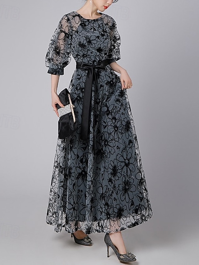  A-Linien-Kleid, formelles, elegantes Vintage-Kleid für die Mutter der Braut, durchsichtiger Rundhalsausschnitt, knöchellang, Chiffon, halbe Ärmel mit Spitzenstickerei 2025