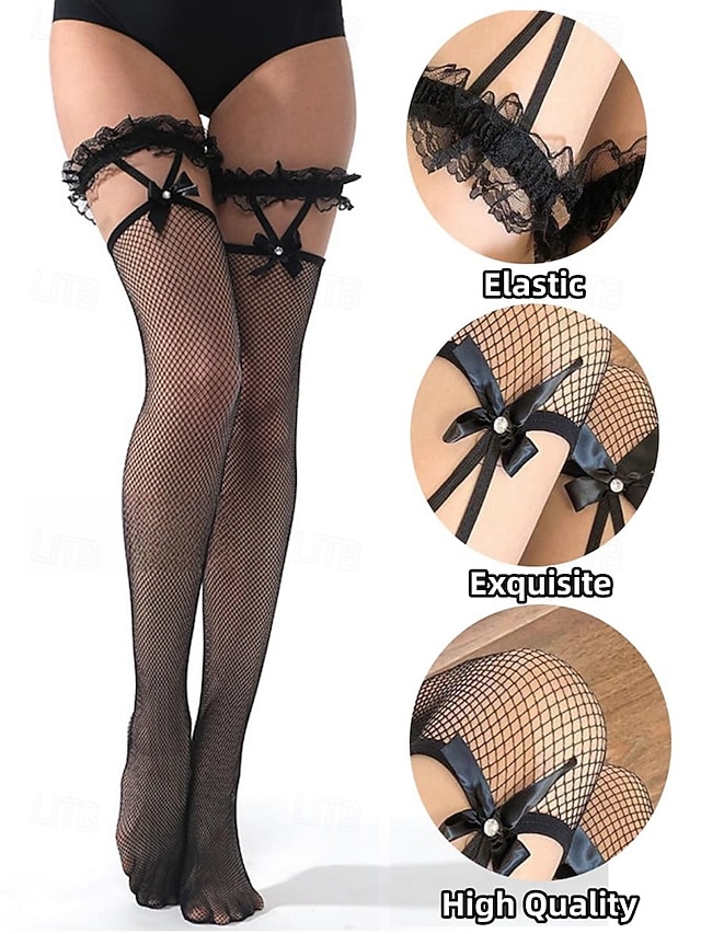  bas résille sexy pour femme avec détails en dentelle et nœud – chaussettes hautes de style gothique pour cosplay, fêtes et tenues de lingerie