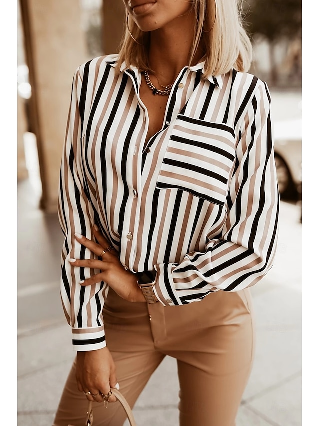  Blouse Women's Wine Khaki Stripes Buttons Printing Daily Elegant V Neck Regular Fit S