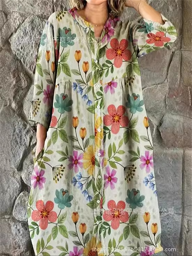 Dam Midiklänning Linneinspirerade klänningar Skjortklänning Vardagsklänning Elegant Stylish Ledigt Semester Dagligen Datum Lös passning Blommig Långärmad Rund hals Rubinrött Blå Mörkgrön Grön Vår Höst