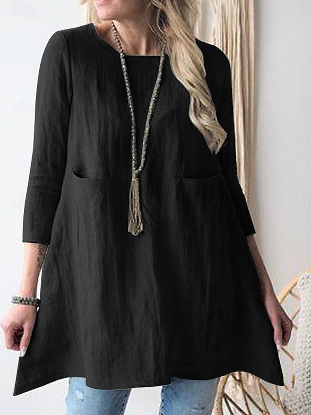  Damen Minikleid Baumwoll-Leinen-Kleider Freizeitkleid Stilvoll Basic Lässig Urlaub Täglich Lässiger Schnitt Einfach Dreiviertelarm Rundhalsausschnitt Grün Khaki Dunkelblau Sommer Frühling Herbst