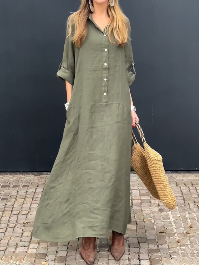 Women's Maxi Dress Cotton Linen Dresses Casual Dress Basic Casual Vacation Daily Regular Fit Plain Long Sleeve Shirt Collar Pink Green Gray Spring Fall