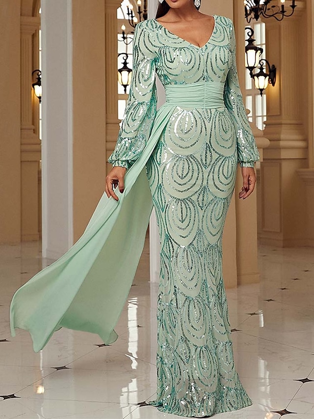  Vestido de Noiva Sereia  Trompete Vestido Elegante Formal Comprimento Total Manga Longa Decote V Bordado com Franjas de Brilho