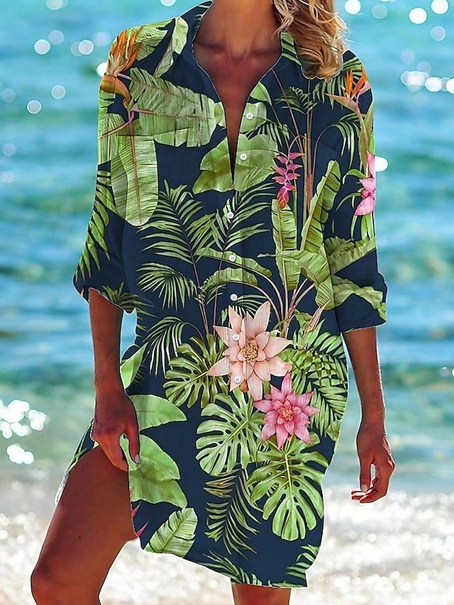  Womens Mini Dress Camicia Vestito Camicie Hawaiane Fluttuante Blu Verde Animale Floreale Pocket Stampa Maniche Lunghe Vacanza Casual V Scollato Lunghe Estate Vestiti da Spiaggia