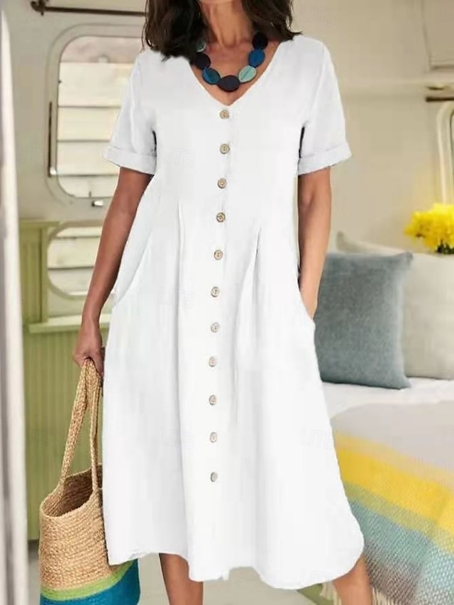 Damen Midikleid Baumwoll-Leinen-Kleider Freizeitkleid Basic Lässig Urlaub Täglich Normale Passform Einfach Kurzarm V Ausschnitt Weiß Himmelblau Grün Khaki Sommer